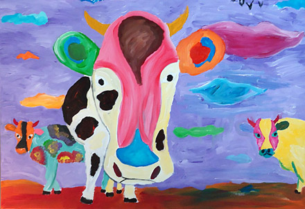 schilderij van workshop schilderen op lokatie, in een hotel in Gent, 3 prachtige koeien