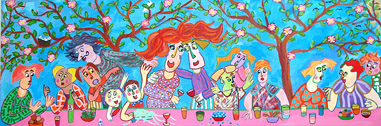 schilderij gemaakt met de gasten tijdens een bruiloft in een boomgaard, 70 x 210 cm